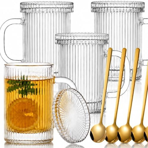 Noamus 4 Pack Glass Coffee Mugs with Lid and Spoon, 13oz Ribbed Vertical Stripes Tea Cup, Classic... | Amazon (US)