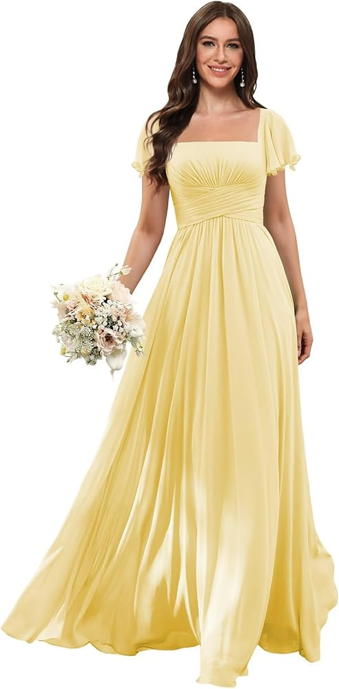 Flutter Sleeves Bridesmaid Dresses Square Neck Chiffon Maxi Dress A Line Formal Dress with Pocket... | Amazon (US)
