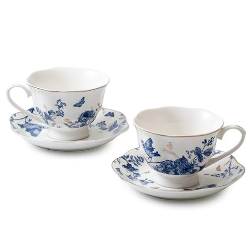 KAITOER Tea Cup Set of 2, Coffee Cups with Saucers 7 Oz (200ml) Vintage Floral Porcelain with Gold Trim Teacups, Cappuccino Cup, Latte Mugs for Mother's Day, Party, Birthday Gifts | Amazon (US)