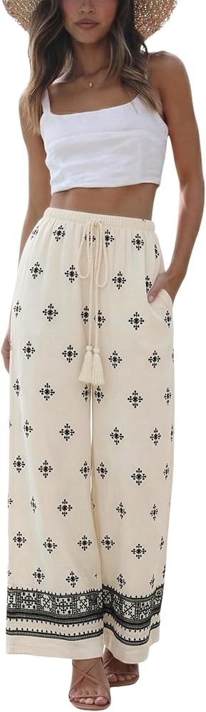 Springrain Women's Boho Wide Leg Linen Pants Casual High Waist Drawstring Summer Floral Palazzo T... | Amazon (US)