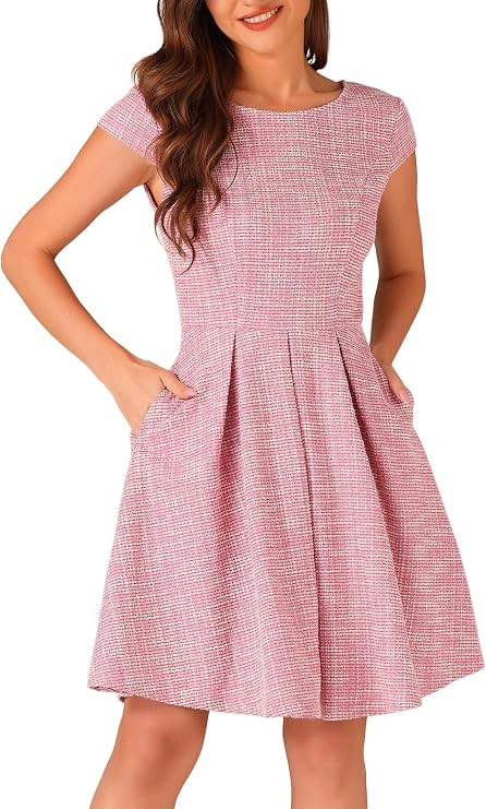 Allegra K Plaid Tweed Dress for Women's 2025 Fall Round Neck Cap Sleeve A-Line Vintage Pleated Dr... | Amazon (US)