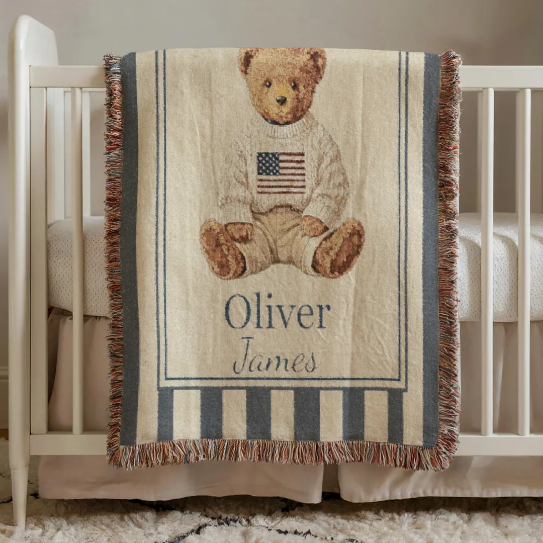 Personalized Teddy Bear Woven Blanket, Vintage Americana Nursery Decor, Custom Name Baby Tapestry... | Etsy (US)
