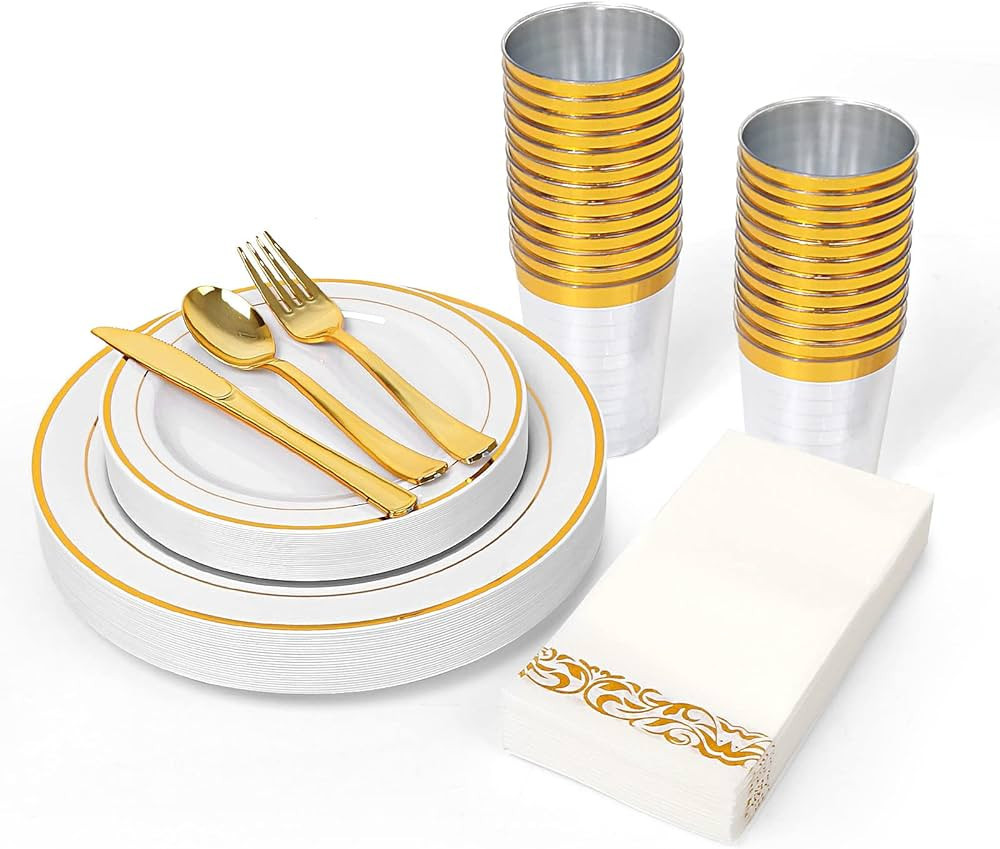 BAYZZ 175 Piece Gold Dinnerware Set, 25 Guest Gold Rim Plastic Plates, 25 Gold Plastic Silverware... | Amazon (US)