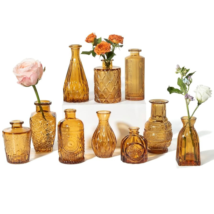 Vintage Small Glass Vases Set of 10,Mini Bud Vases for Flowers,Amber Glass Vases for Centerpieces... | Amazon (US)