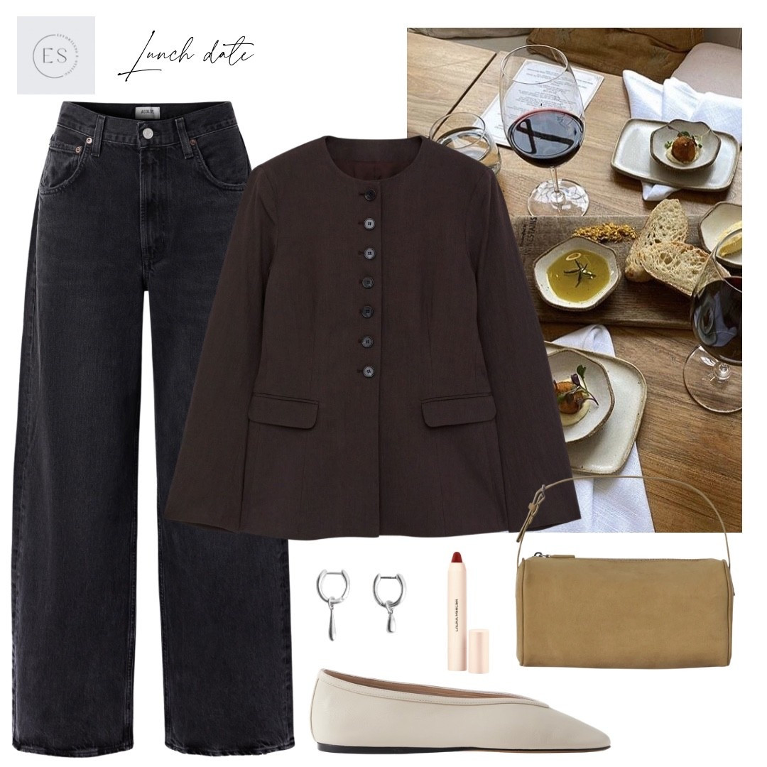 Smart casual wide leg jeans outfit. 

Black wide leg jeans, sand suede 90s mini bag, dark brown collarless linen blazer, ecru leather pointed toe ballet flats, red lip crayon, silver mismatched hoop earrings. 

#LTKspring #LTKuk #LTKdatenight