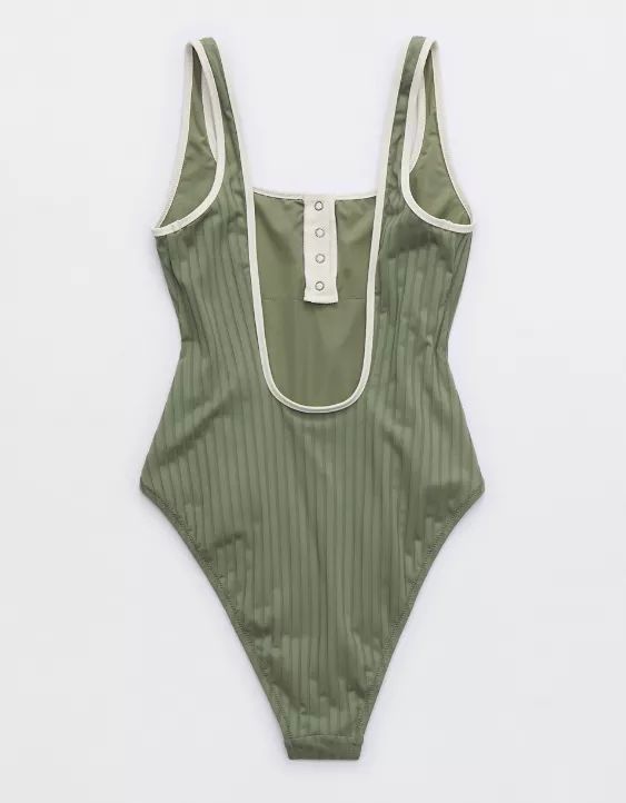 Aerie Wide Rib Henley Cheeky One Piece Swimsuit | American Eagle Outfitters (US & CA)