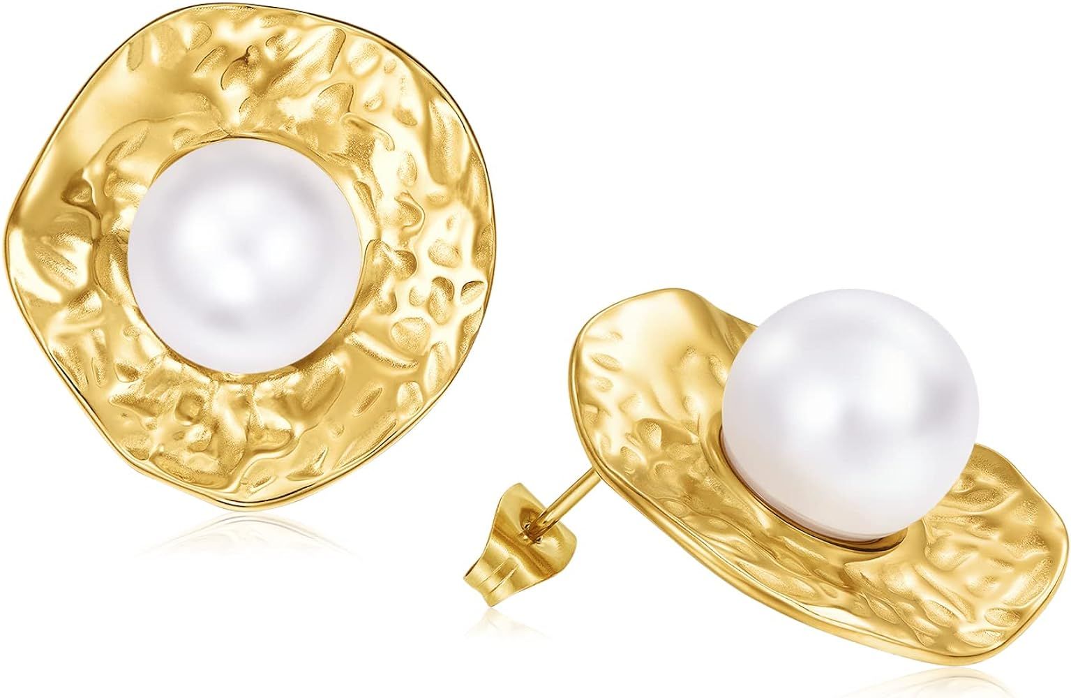 Pearl Stud Earrings Hammered Disc Flatback Pearl Earrings for Women Hypoallergenic Vintage Pearl ... | Amazon (US)