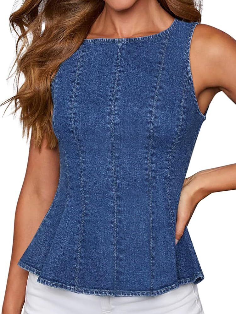 Women's Denim Peplum Tank Top, Summer Stretch Sleeveless Slim Jean Blouse with Contouring Seams a... | Amazon (US)