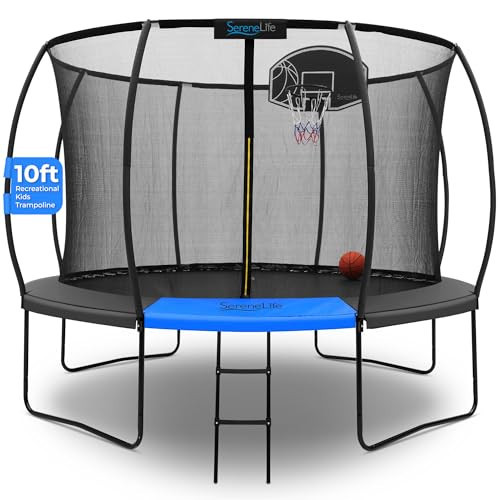 SereneLife 10ft Trampoline for Kids - Outdoor Recreational Backyard Trampoline with Net Enclosure, Curved Safety Poles, UV-Tested Mat, 64 Galvanized Springs, Water-Resistant Padding, Up to 330 lbs. | Amazon (US)