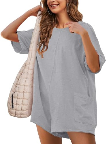 Lianlive Summer Rompers for Women Oversized T-Shirt Tee Romper Athletic Short Sleeve Workout Overall Jumpsuit Trendy Outfits (LightGrey-XS) | Amazon (US)