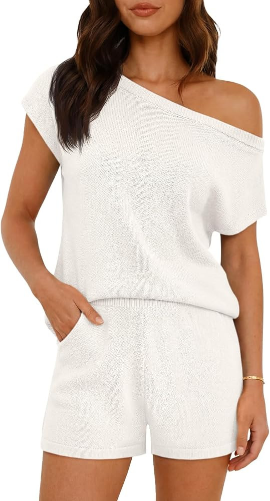 Tankaneo Womens Off The Shoulder 2 Piece Outfits Sweater Sets Shorts Casual Matching Lounge Sets ... | Amazon (US)