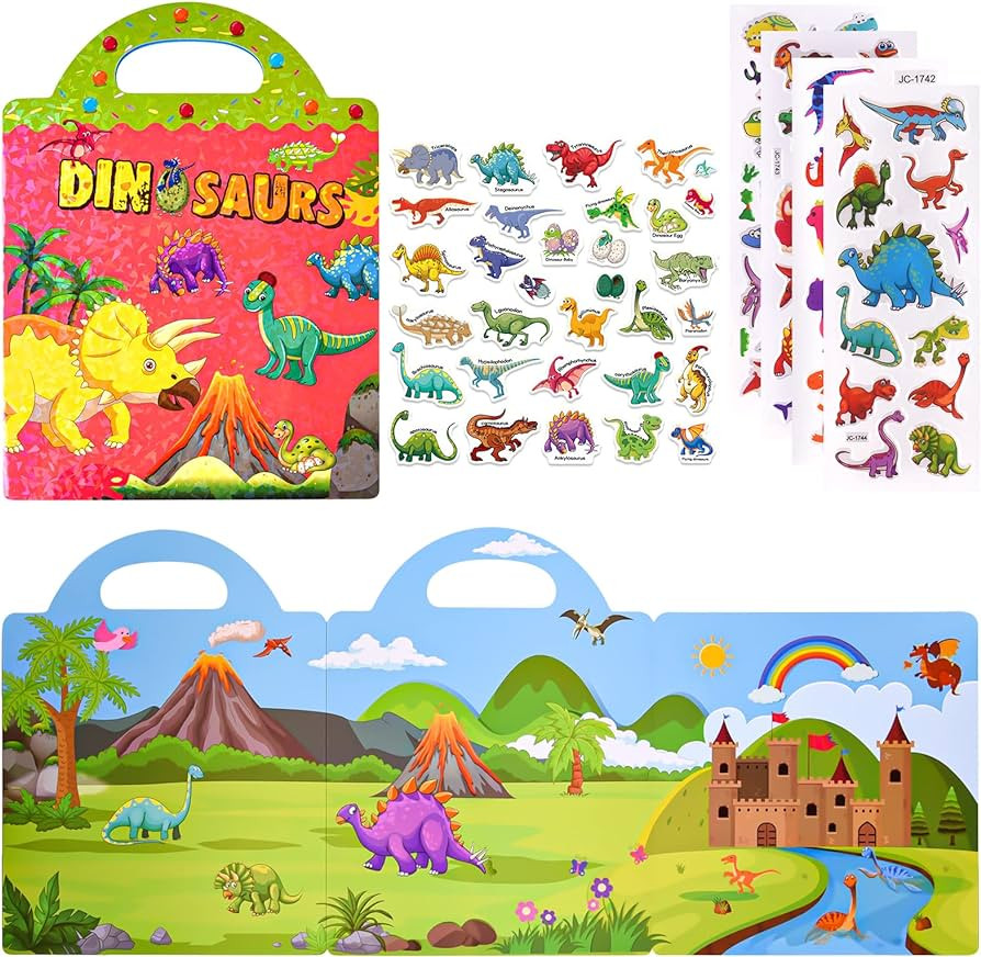 ASTARON Reusable Sticker Book for Toddlers, 88 Pcs Dinosaur Stickers Road Trip Activities Car Air... | Amazon (US)