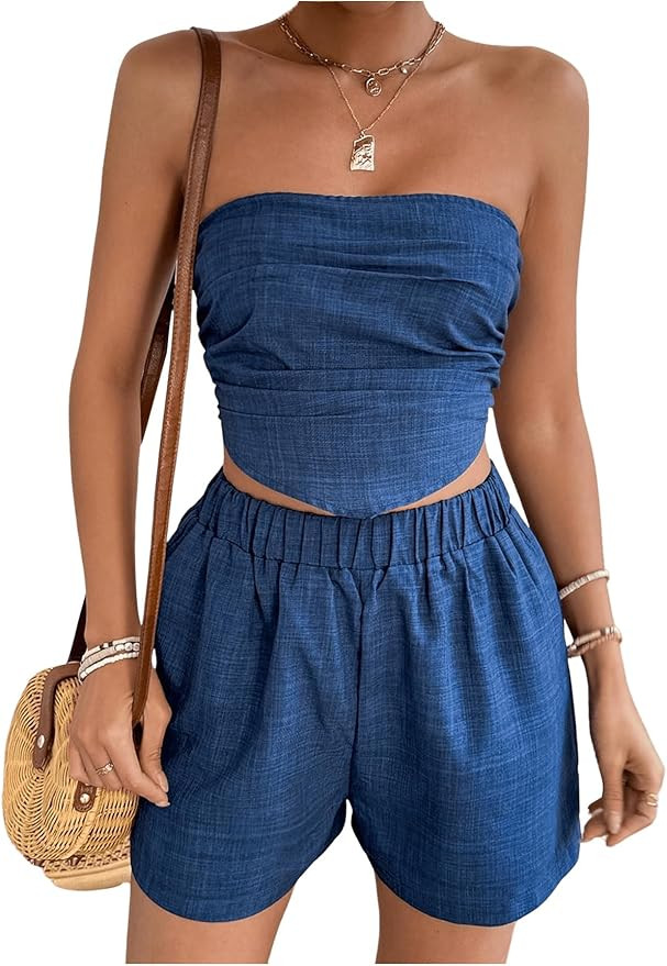 MakeMeChic Women's 2 Piece Summer Outfits Strapless Ruched Shirred Bandeau Tube Crop Top Shorts S... | Amazon (US)