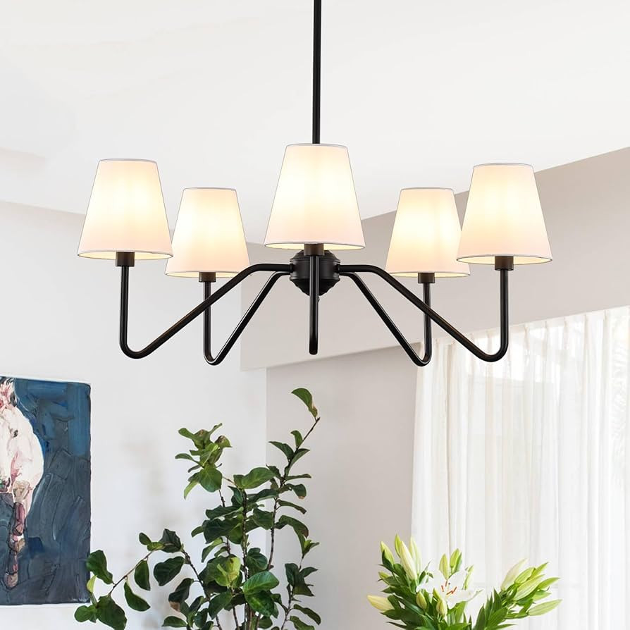 9MMML 30.5" 5 Arms Black Chandelier, 5 Lights Kitchen Island Lighting with White Fabric Shade,Din... | Amazon (US)