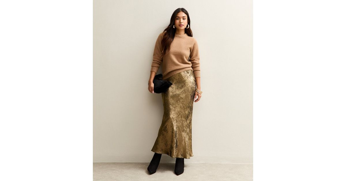 Petite Gold Bias Cut Midi Skirt | New Look | New Look (UK)