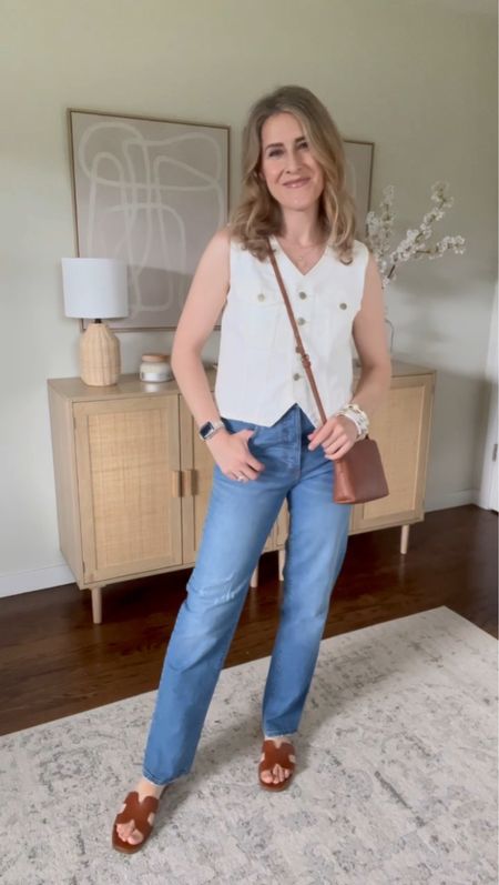 Target summer outfit idea with this denim vest and 90s high rise straight jeans. True to size small on top and 6 in jeans (do not size down in the jeans). #targetstyle 

#LTKFindsUnder50 #LTKFindsUnder100 #LTKOver40