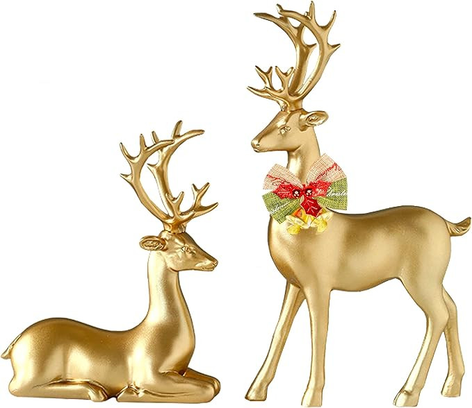 FANTESTICRYAN 2pcs Reindeer Sculpture Gold Resin Christmas Elk Statues Home Office Decorative Dis... | Amazon (US)
