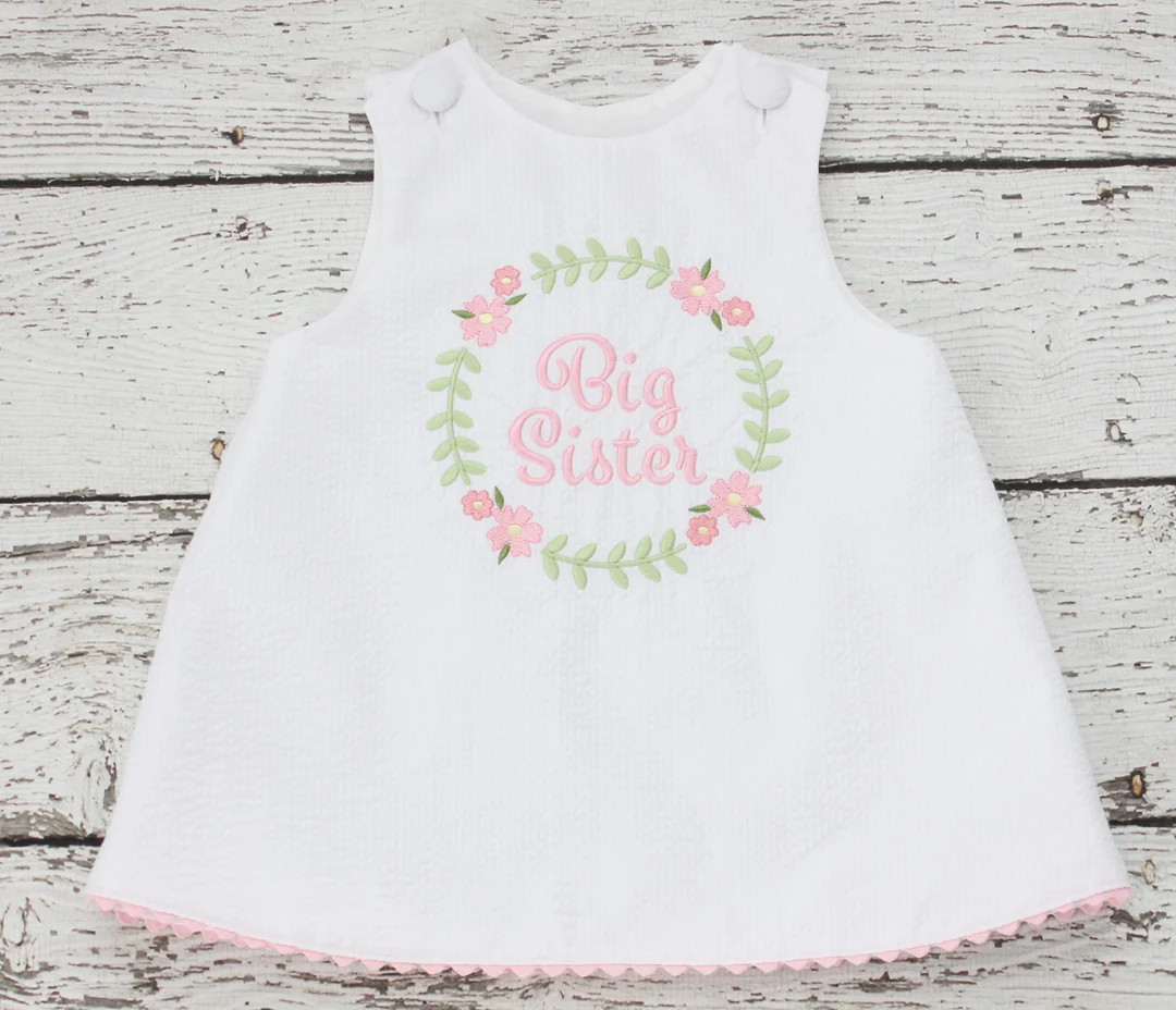 Floral Big Sister Dress, Monogrammed Seersucker Dress, White Floral Dress, Monogrammed Big Sister... | Etsy (US)