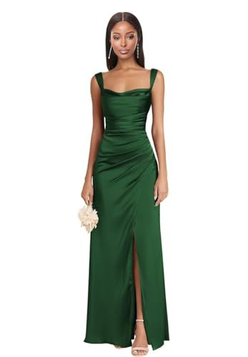 Dessiny Spaghetti Strap Emerald Satin Bridesmaid Dresses with Slit 2025 Ruched Long Satin Square Neck Formal Gown Evening Dress for Women US16 | Amazon (US)
