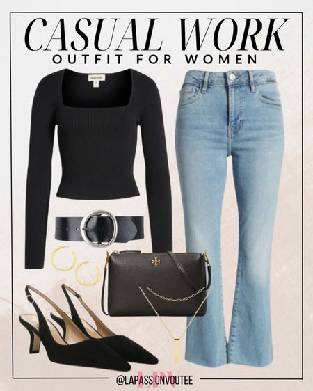 Effortlessly chic: Pair denim jeans with a classic long sleeve top cinched at the waist with a stylish belt. Complete the look with hoop earrings, a sleek crossbody bag, and kitten heel pumps for a polished yet casual vibe that transitions seamlessly from work to after-hours fun.

#LTKstyletip #LTKSeasonal #LTKworkwear