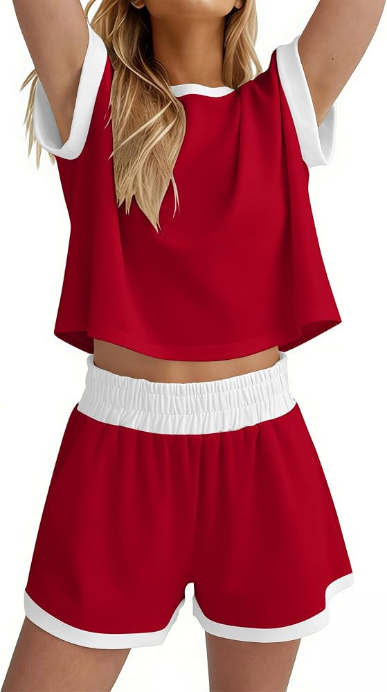 MISSACTIVER 2 Piece Lounge Set Women Stripe Knit Short Sleeve Tee Shirts Shorts Casual Summer Lou... | Amazon (US)