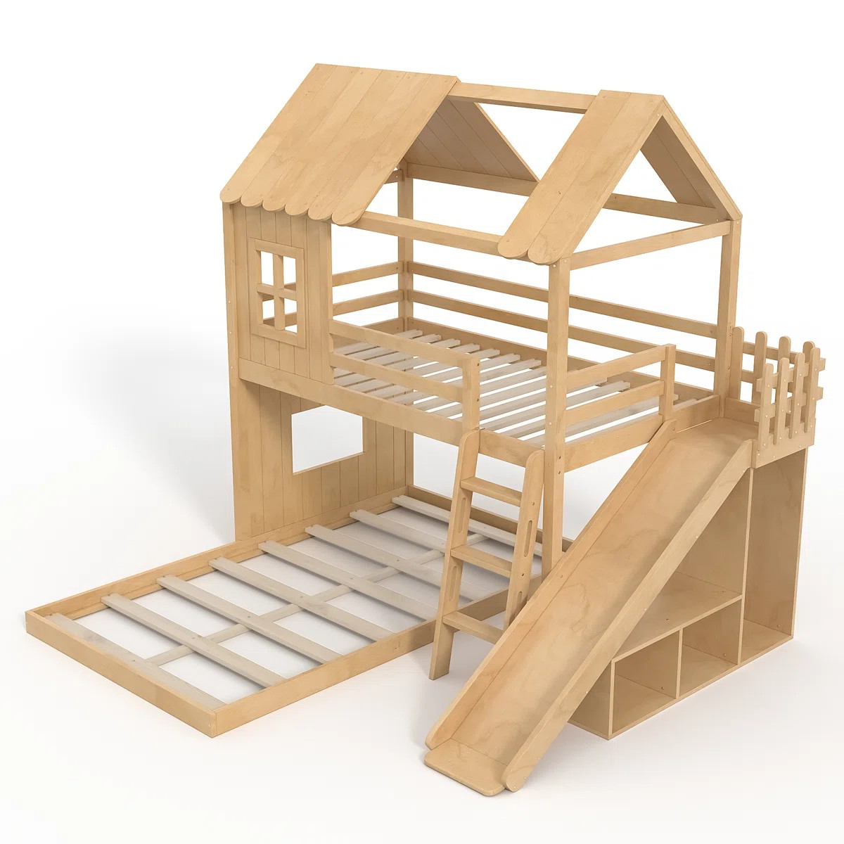 House-Style Wooden Bunk Bed with Slide, Storage Shelves & Wardrobe | Wayfair North America