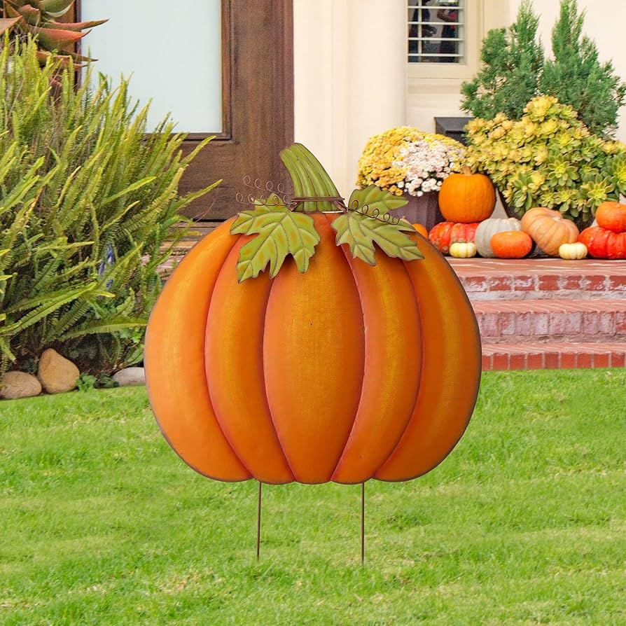 Glitzhome 37.5"H Fall Decorative Yard Signs with Stakes, Oversized Metal Pumpkin Garden Yard Stak... | Amazon (US)