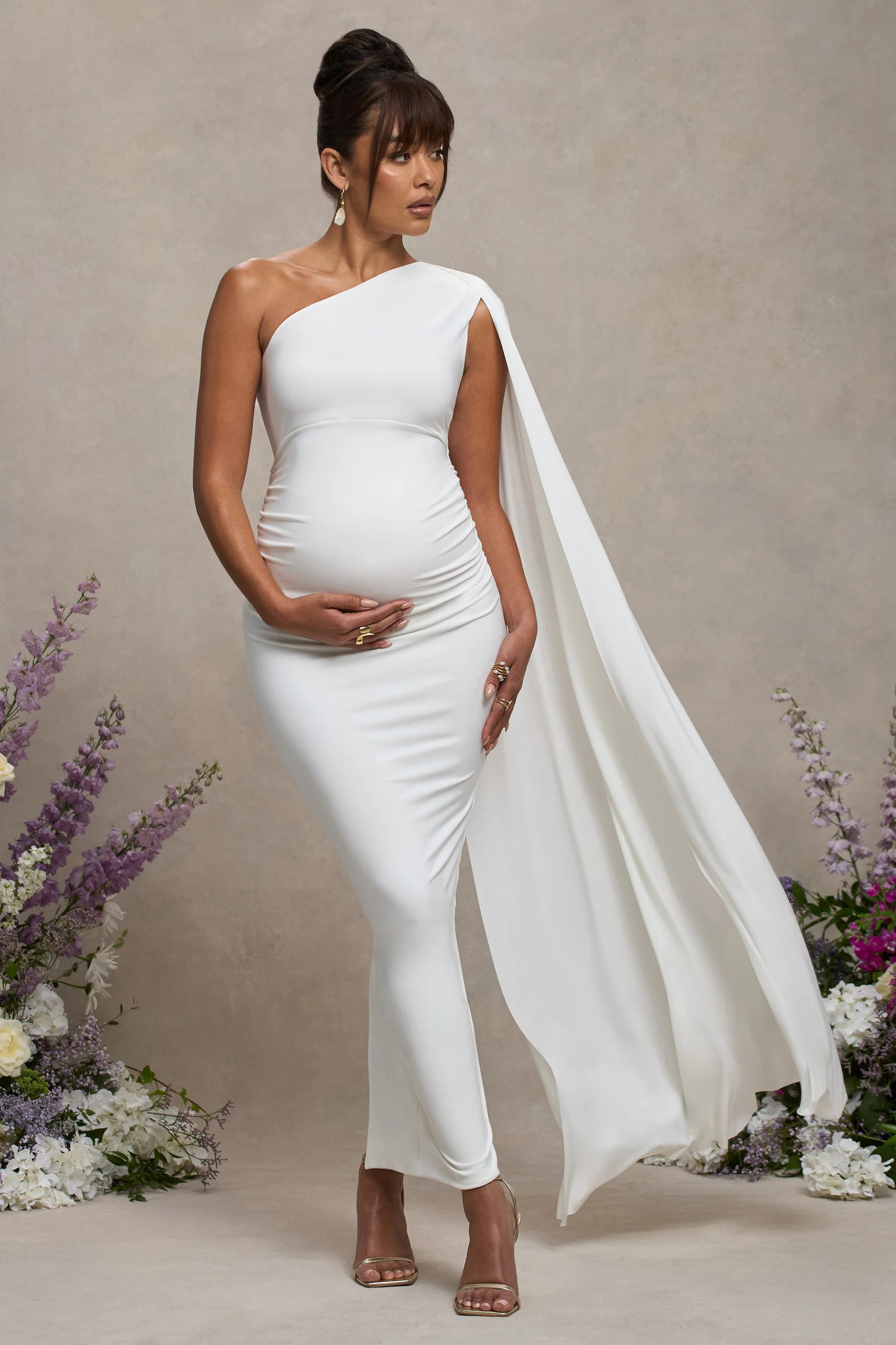 Amaryllis  White Maternity One Shoulder Maxi Dress with Cape Sleeve | Club L London