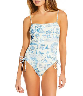 Gianni Bini Textured Ribbed Mademoiselle Toile Print Ruched Side One Piece Swimsuit | Dillard's | Dillard's