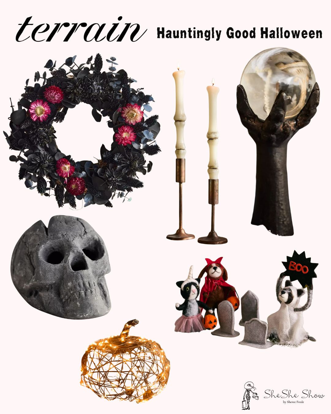  Graveyard flet critter scene
Fall reef, bone taper candles, skull firepit accent, talon crystal ball, twinkling 
Illuminated vine pumpkinn
 

#LTKHome #LTKFindsUnder100 #LTKSeasonal