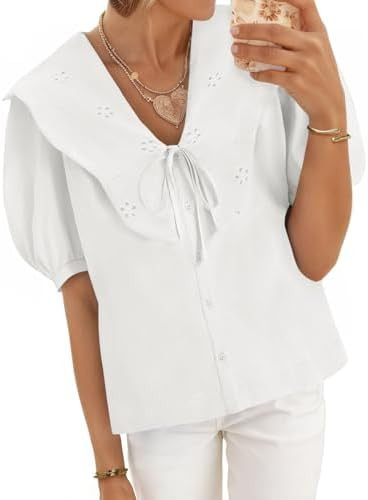 Cicy Bell Womens Peter Pan Collar Button Down Shirts Puff Short Sleeve Summer Casual Eyelet Tops ... | Amazon (US)