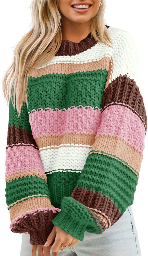 Saodimallsu Womens Color Block Sweater Striped Chunky Knit Cropped Sweaters Crewneck Fall Long Sl... | Amazon (US)