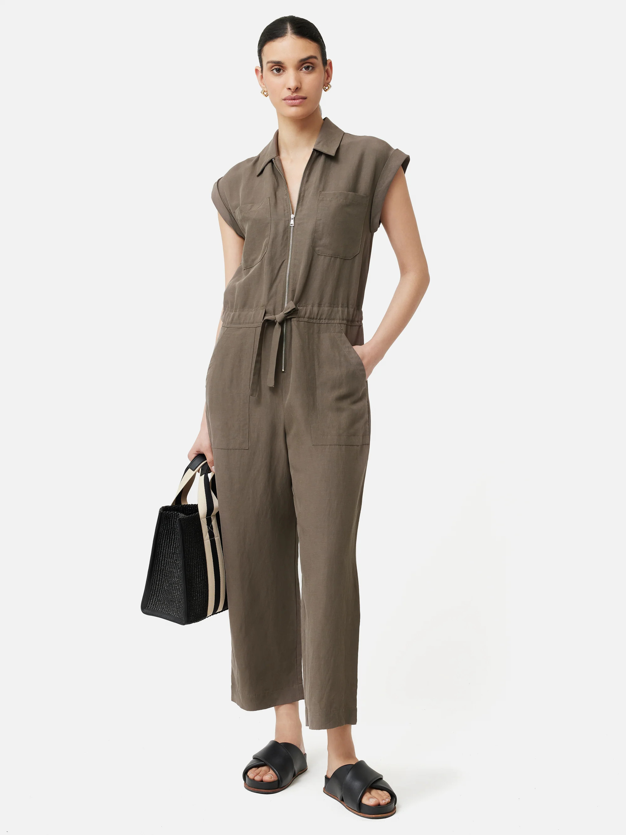 Lyocell Linen Utility Jumpsuit | Taupe | Jigsaw (UK)