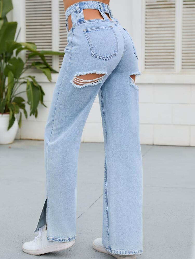 High Waist Cut Out Ripped Slit Hem Wide Leg Jeans | SHEIN