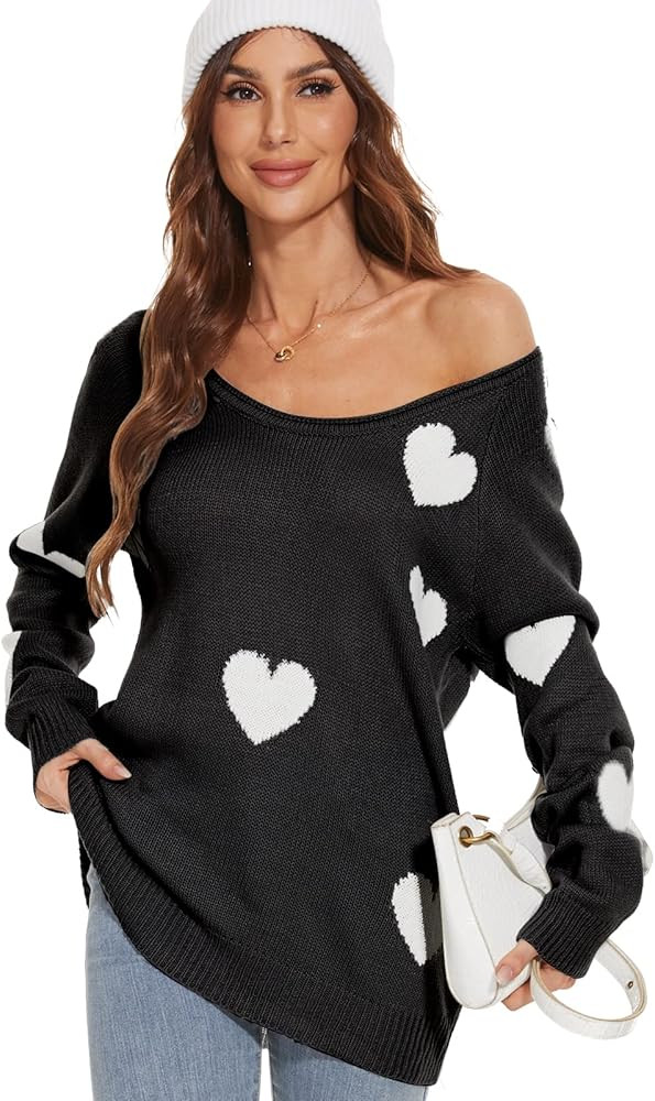 STITCH FEED Off Shoulder Sweaters for Women Long Sleeve Pullover Sweater with Hearts Womens Overs... | Amazon (US)
