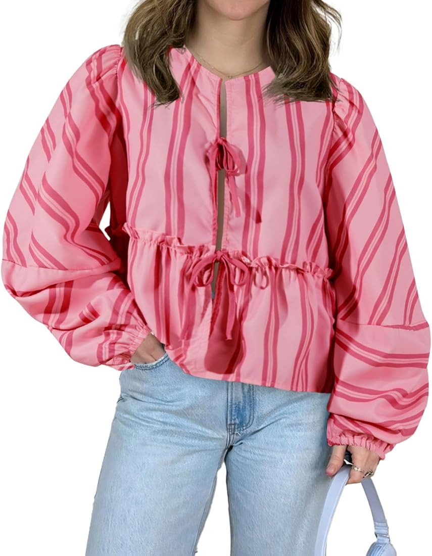 Tankaneo Womens Tie Front Tops Babydoll Striped Puff Long Sleeve Bow Shirts Casual Cute Peplum Bl... | Amazon (US)
