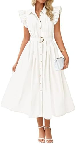 ZESICA Womens Summer Button Midi Dress Casual Work Dresses | Belted Dress,Button Down,Flutter Sho... | Amazon (US)