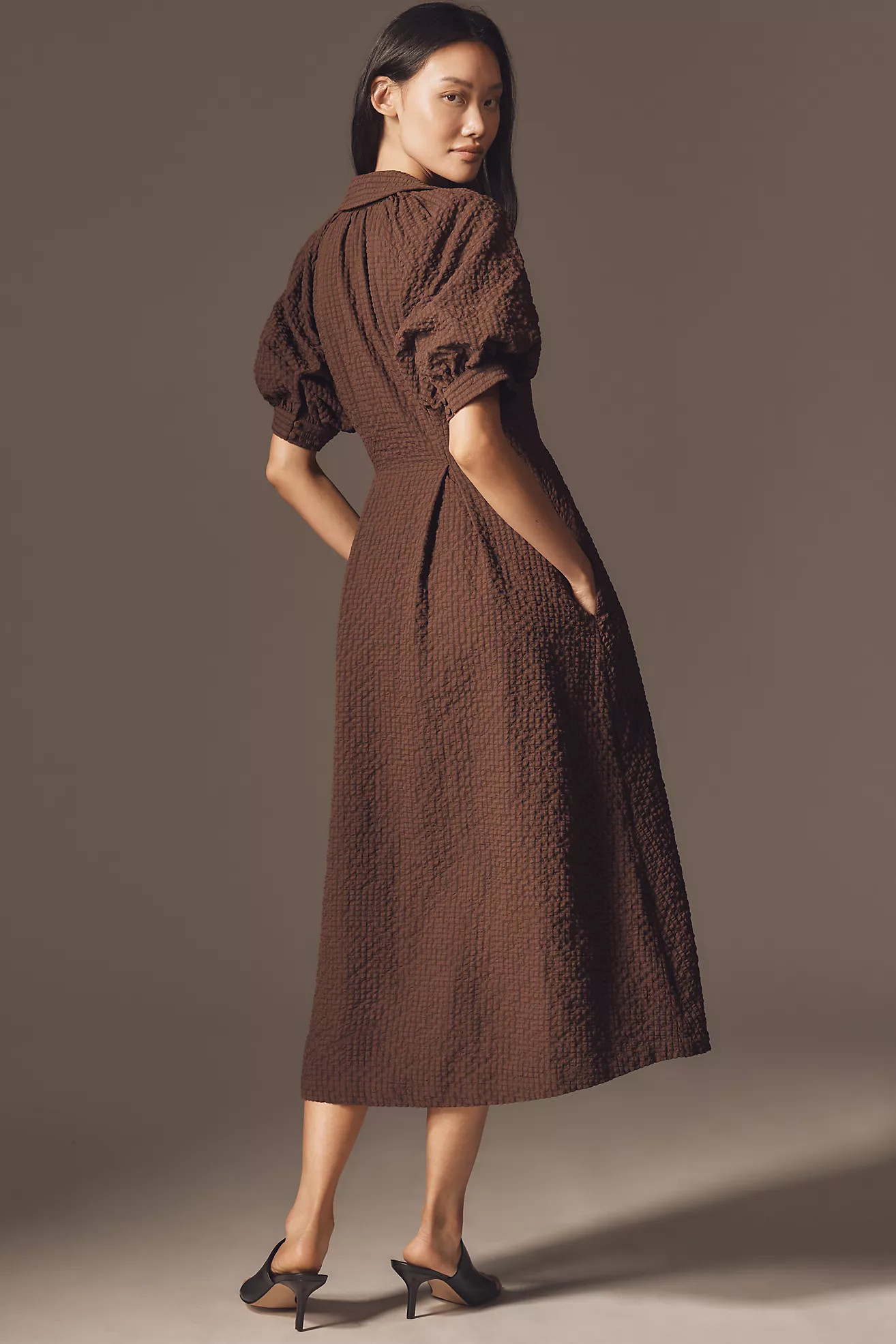 English Factory Puff-Sleeve Textured Midi Shirt Dress | Anthropologie (US)