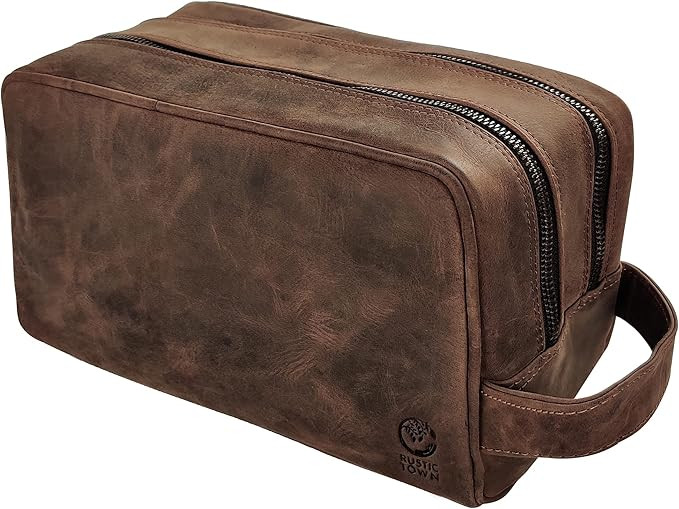 RUSTIC TOWN Full Grain Leather Travel Toiletry Bag - Cosmetic Ditty Kit Organizer (Dark Brown) | Amazon (US)