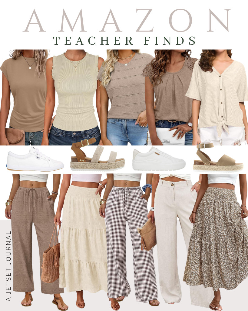 These fresh Teacher Outfit Ideas are what we are looking forward to each week! This waffle-knit tunic blouse from IWOLLENCE and the Bliwov cap-sleeve crewneck top are part of the collection. This trendy maxi skirt and Sampeel wide-leg pants are perfect for these cute tops. For your footwear, there are stylish sneakers from Dr. Scholl or the DREAM PAIRS platform wedge sandals.

#LTKSeasonal #LTKSaleAlert #LTKTravel
 

 