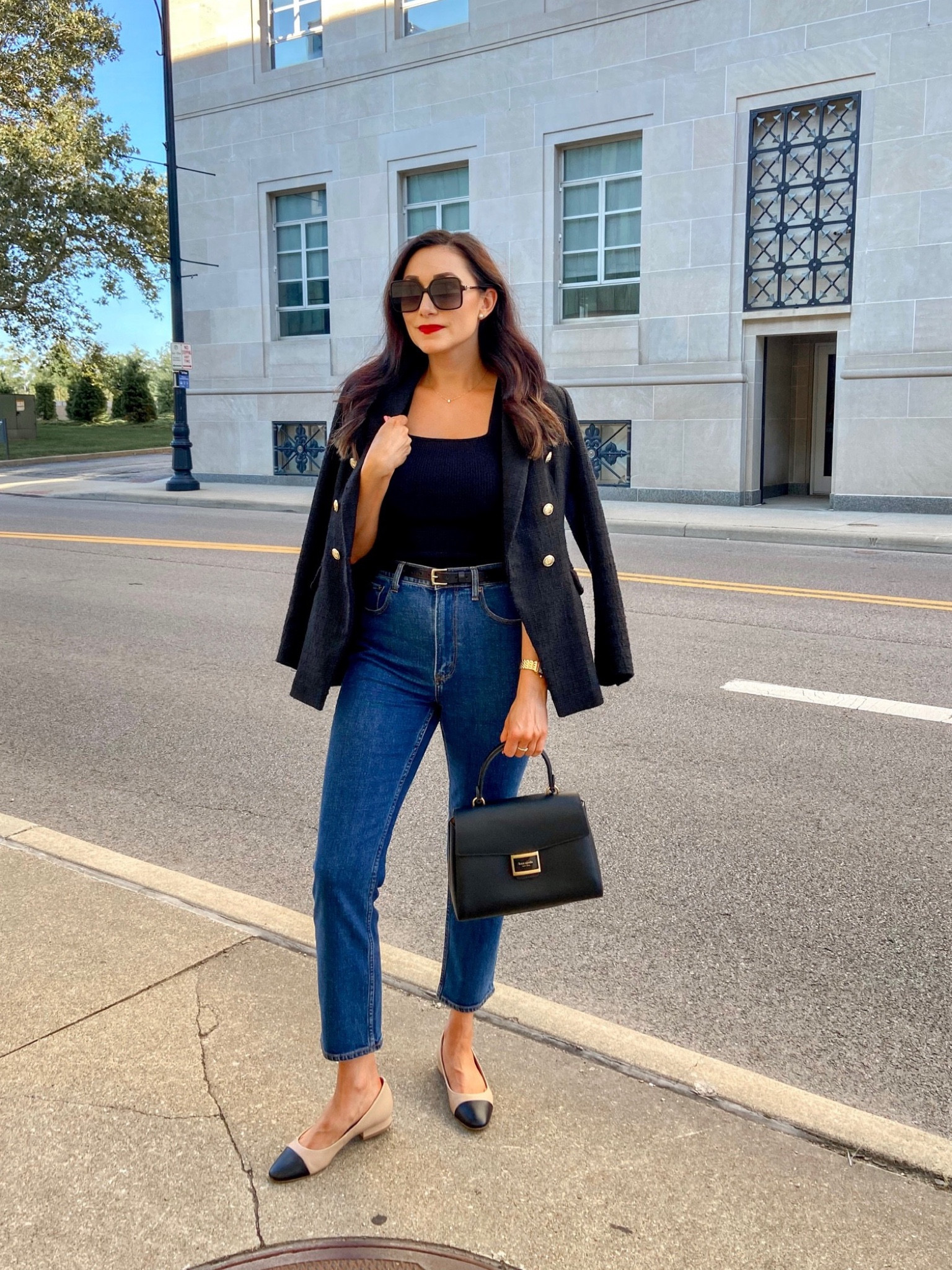 Smart Casual Transitional Fall Outfit🖤

Black boucle blazer with gold buttons (linked similar)
Black square neck sweater top size small, TTS
High waisted dark jeans size 4 curvy (fit a little small so may need to size up if between sizes)
Cap toe flats size 7, fit slightly tight in toe box 
•
•
•
•
#smartcasual #highwaistedjeans #grwm #abercrombiestyle #chicoutfit #dressycasual #transitionalstyle #parisianchic #ootddetails #abercrombiejeans #blazerstyle #falloutfit #effortlesschic #abercrombie #parisianstyle #classyoutfit #classicfashion 



#LTKSeasonal #LTKstyletip #LTKshoecrush