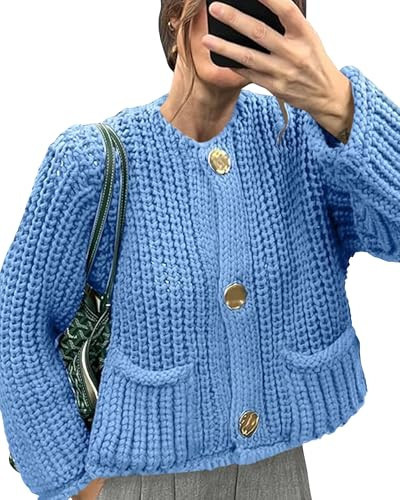Locachy Women's Crochet Chunky Knit Sweater Cardigan Trendy Crewneck Gold Button Down Sweater Blue S | Amazon (US)