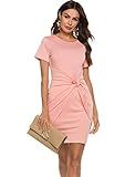 Miselon Women O Neck Short Sleeve Tie-up Waist Dress Fitted Short Crepe Dress(Pink,Medium) | Amazon (US)