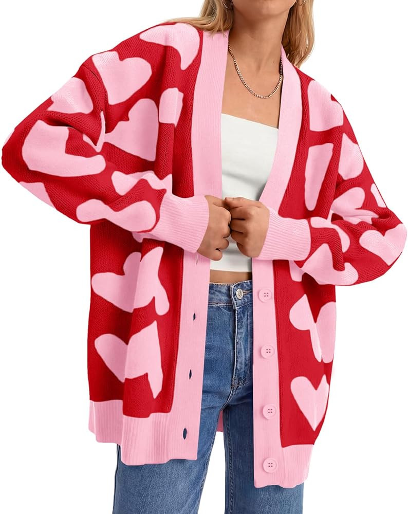 Saodimallsu Womens Heart Cardigan Sweaters Cute Valentines Oversized V Neck Button Up Winter Swea... | Amazon (US)