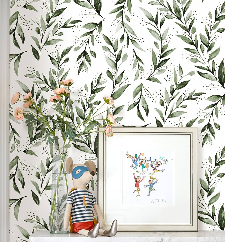 Erfoni Green Leaf Wallpaper Peel and Stick Wallpaper Floral Contact Paper 17.7inch x 196.8inch Gr... | Amazon (US)