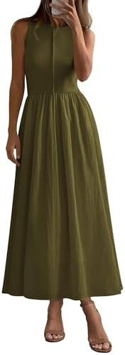 PRETTYGARDEN Pleated Maxi Dresses for Women with Pockets | Sleeveless A-Line Knit,Summer Patchwor... | Amazon (US)