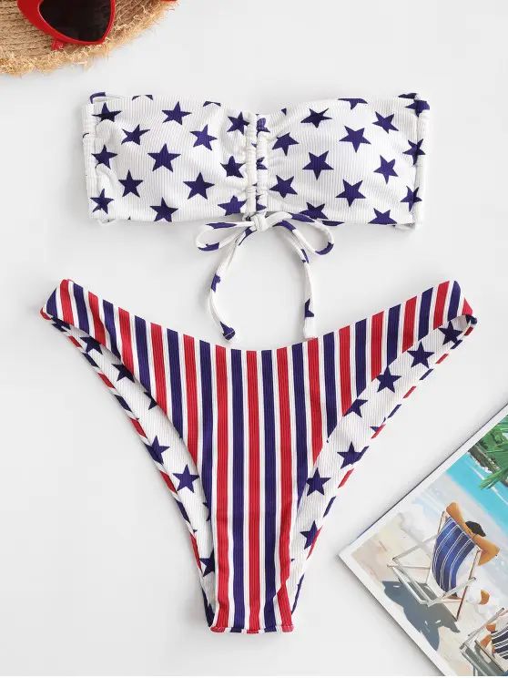 ZAFUL Patriotic American Flag Ribbed Cinched Bandeau Bikini Swimwear   MULTI-A | ZAFUL (Global)