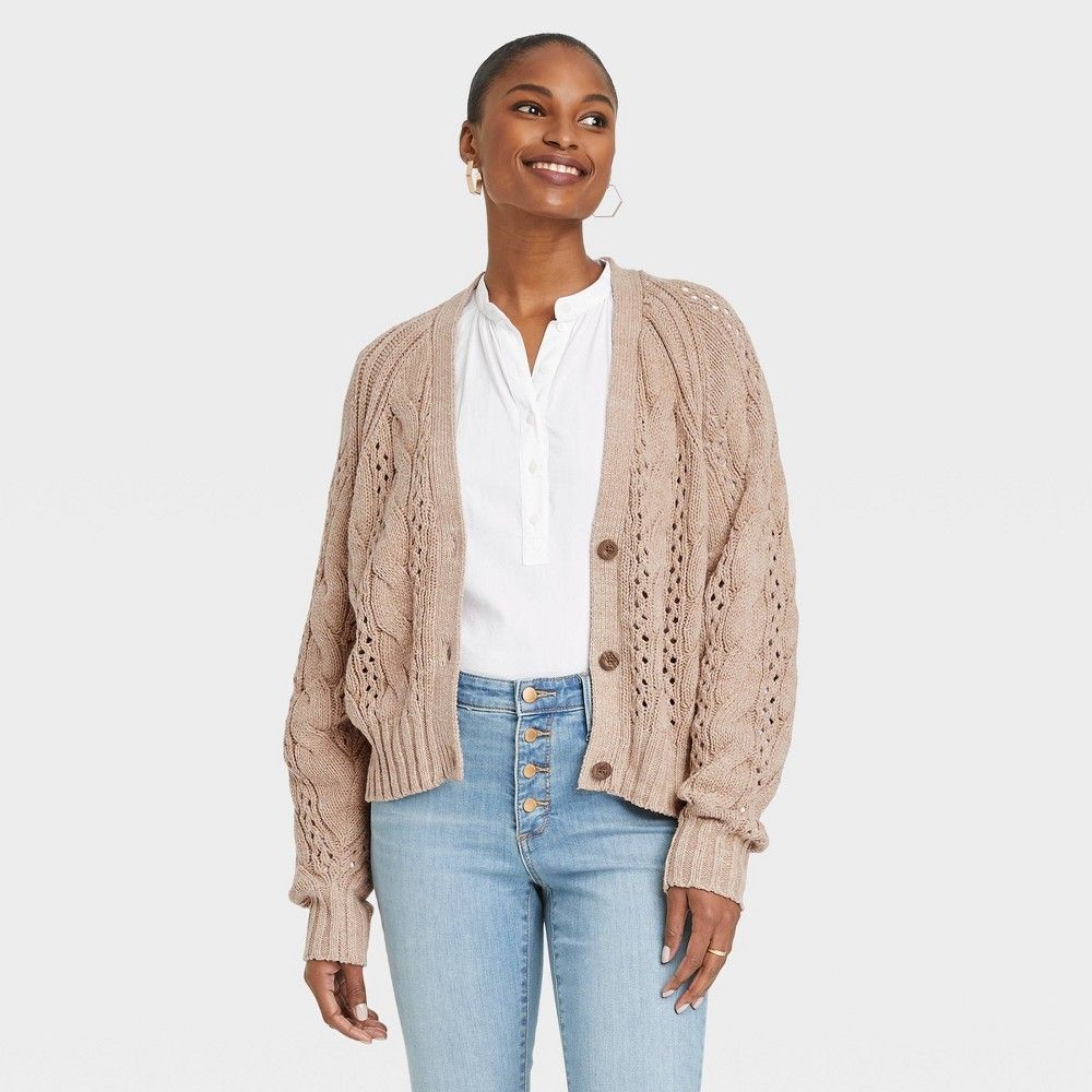 Women's Button-Front Cable Stitch Cardigan - Universal Thread Taupe L, Brown | Target