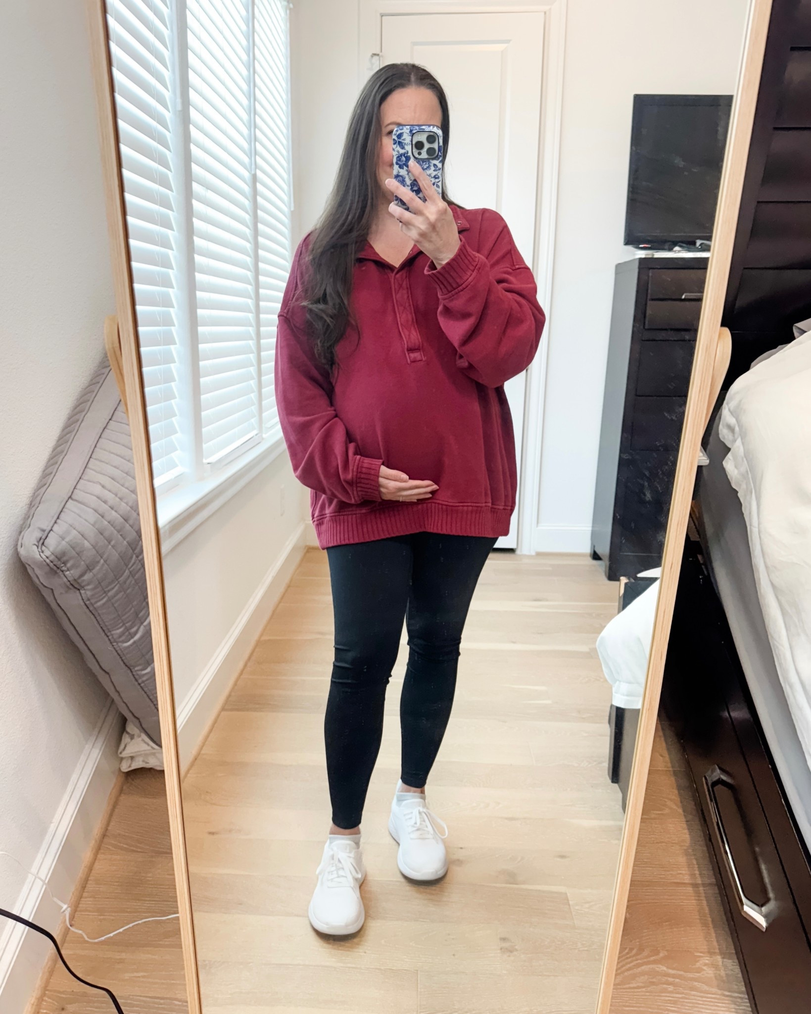 Sharing my go-to pregnancy outfit while I shop all the Black Friday sales, Cyber Monday, and Cyber Week sale deals! This maroon pullover sweater is one of my favorite fall casual outfits—soft, warm, and perfect for layering. I styled it with the best black maternity leggings and simple white slip-on sneakers for a comfy loungewear look that still feels put together.
If you’re refreshing your maternity basics during Cyber Week, this whole outfit is a great place to start. Linking everything on sale! 🤎🖤

Outfit Details:
• Maroon pullover sweater sized up to a small for the bump 
• Best black maternity leggings size medium 
• White slip-on sneakers fit tts

#LTKootd #LTKBump #LTKCyberWeek