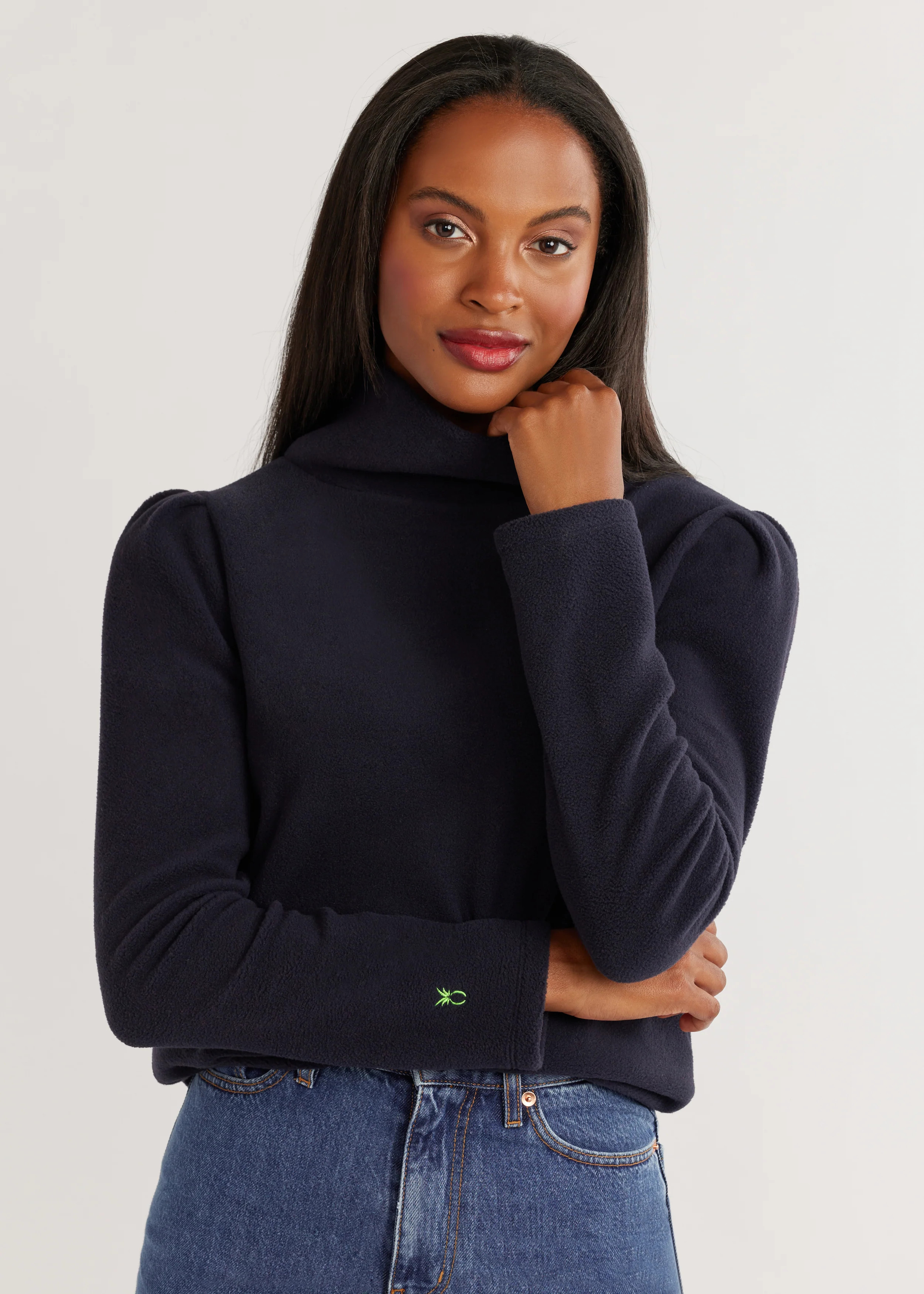 Palmer Puff Sleeve Turtleneck in Vello Fleece (Navy) | Dudley Stephens